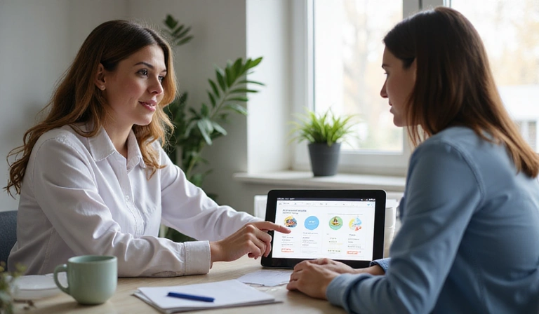 A nutritionist presenting data on a screen to a client in a modern office