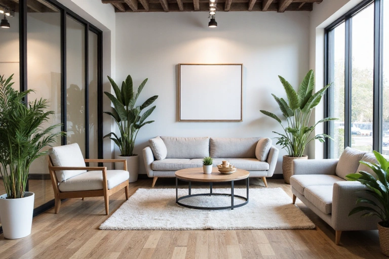 Modern clean office interior of NutriLife Indonesia with natural light and comfortable seating, no text