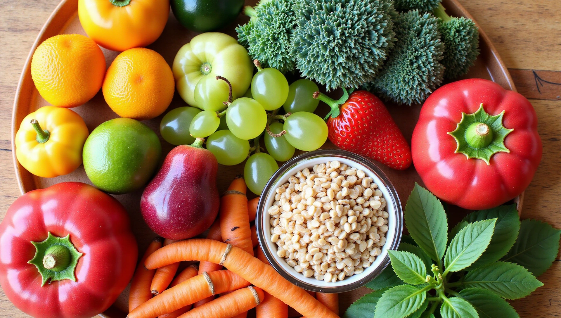 A vibrant and healthy spread of fresh fruits, vegetables, and whole grains on a wooden table, with soft natural lighting, conveying health and vitality.
