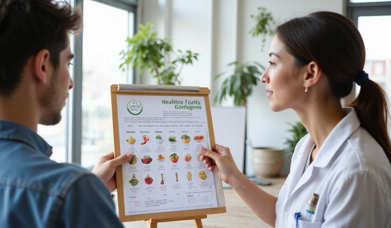 A nutritionist consulting with a client, pointing to a healthy eating chart, demonstrating a personalized approach in a bright, modern office setting.
