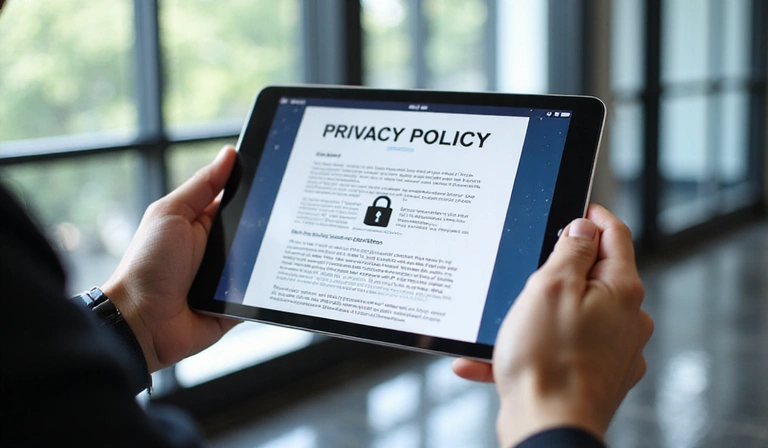 A person reviewing privacy policy documents on a tablet, symbolizing data protection and security.