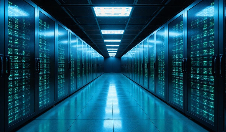 A data center with glowing servers, symbolizing robust data security measures.