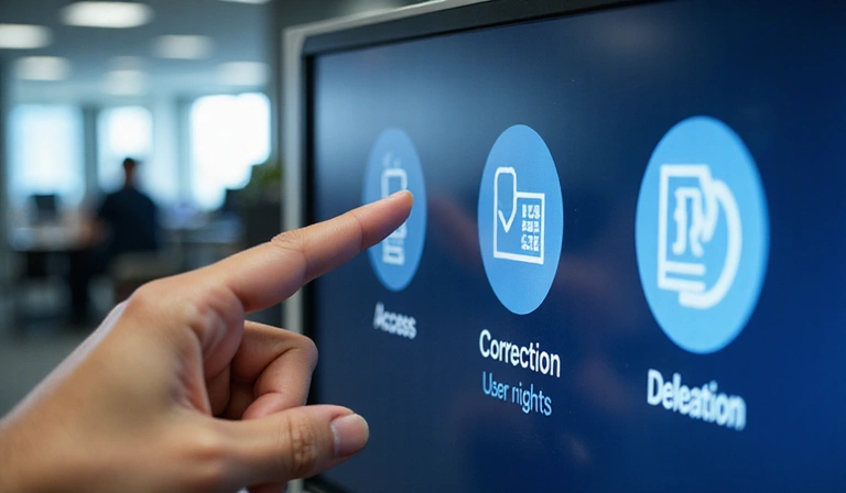 A person pointing at a screen displaying user rights, emphasizing control over personal data.